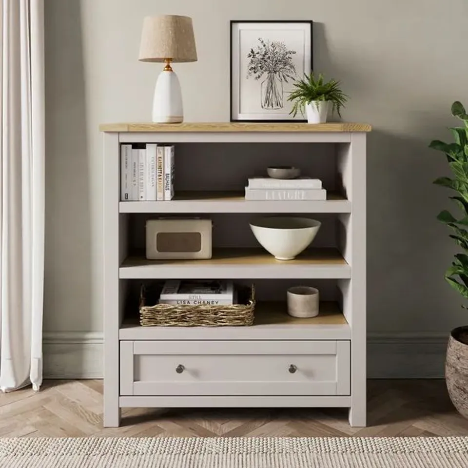 BOXED OLNEY LOW BOOKCASE, STONE (1 BOX)