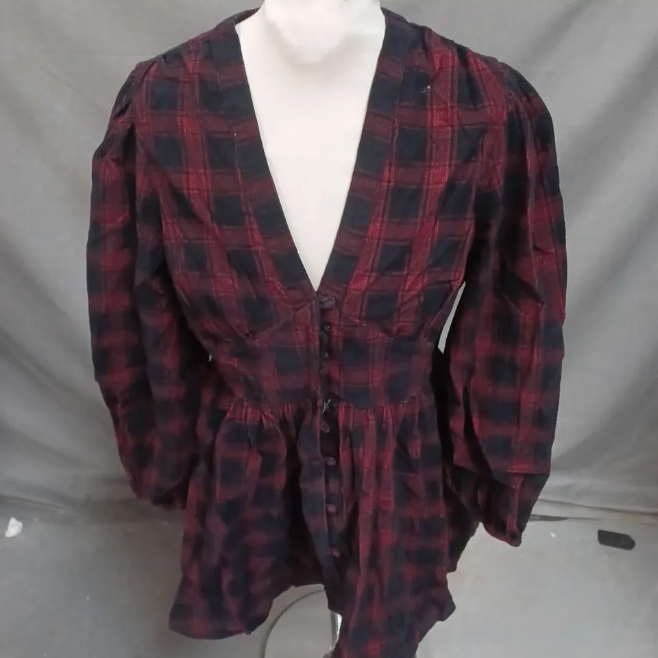 NOBODY'S CHILD PETITE STARLIGHT LONG SLEEVE MINI DRESS IN CORD RED CHECK SIZE 12