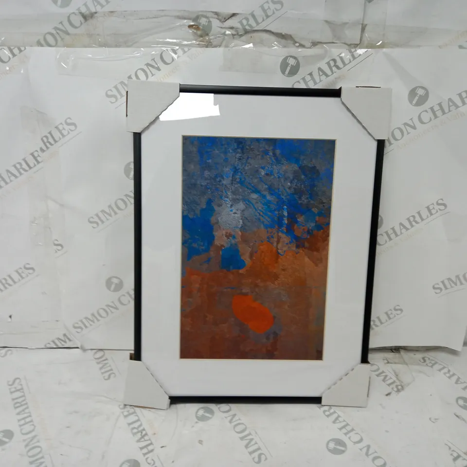 BOXED DAVID AND DAVID STUDIO 'ORANGE AND BLUE 2' BY LAURENCE DAVID FRAMED GRAPHIC ART 30 X 40CM SATIN BLACK