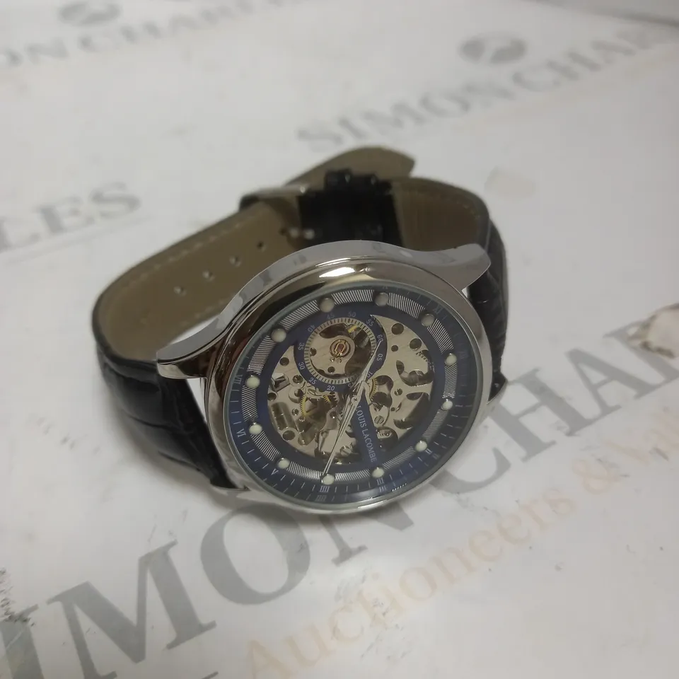 MENS LOUIS LACOMBE AUTOMATIC WATCH – SKELETON DIAL – GLASS EXHIBITION BACK CASE – LEATHER STRAP 
