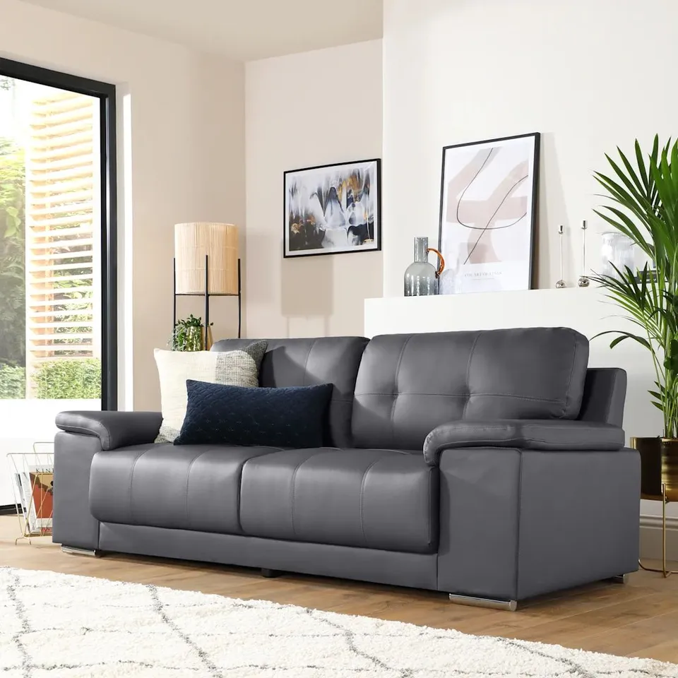 BOXED KANSAS 3 SEATER SOFA - GREY FAUX LEATHER