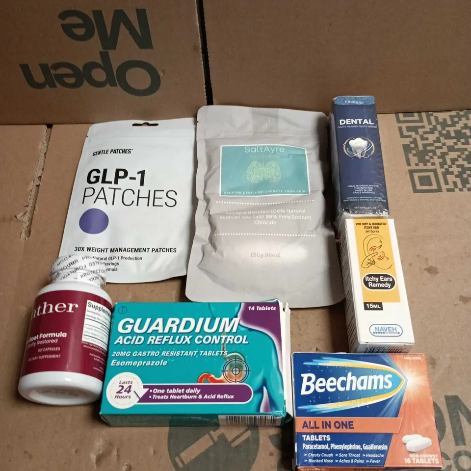 APPROXIAMTELY 15 ASSORTED HEALTH PRODUCTS TO INCLUDE GLP-1 PATCHES, BEECHAMS, GUARDIUM ETC 