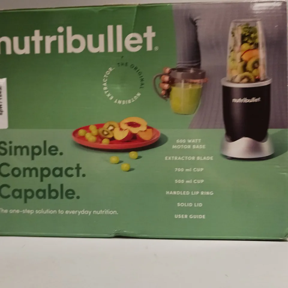 BOXED NUTRIBULLET BLENDER 600W MOTOR BASE INCLUDES EXTRACTOR BLADE, 700ML CUP, 500ML CUP, HANDLED LIP RING AND SOLID LID