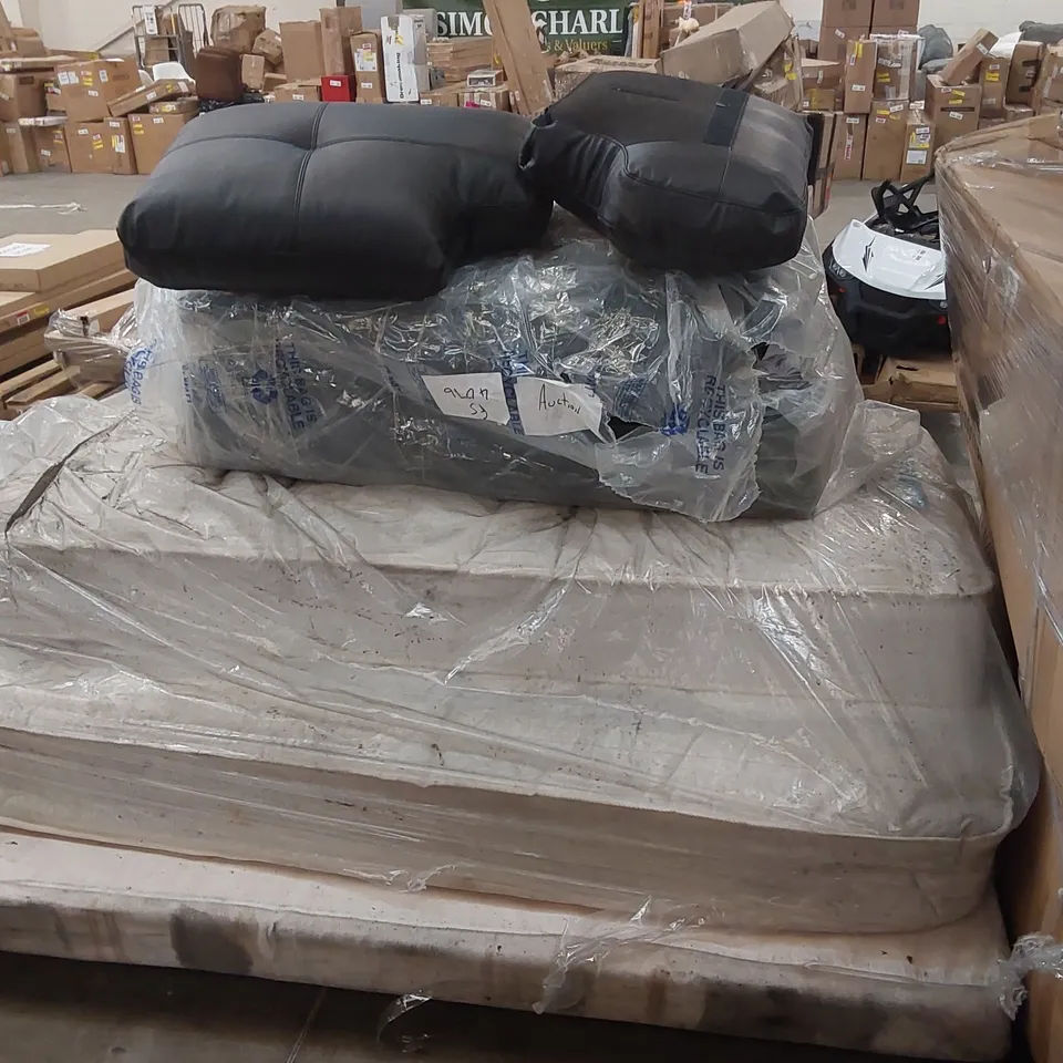 PALLET OF 3 MATTRESSES AND OTHER FURNITURE PARTS 