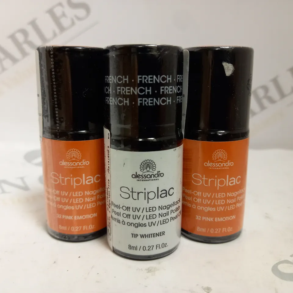 BOX OF APPROX 50 X 8ML ASSORTED ALESSANDRO STRIPLAC PEEL-OFF UV LED NAIL POLISH #TIP WHITENEER & #32 PINK EMOTION 