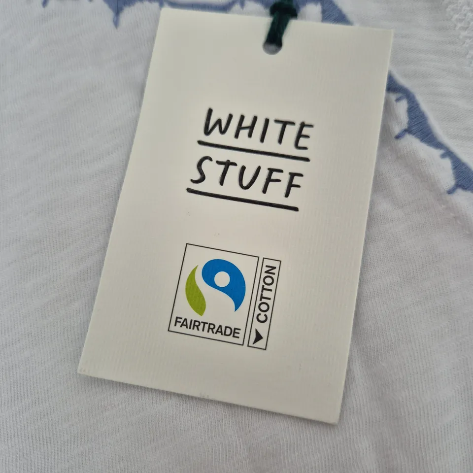 white stuff - UK 12 - White Embroidered Tee with Blue Trim