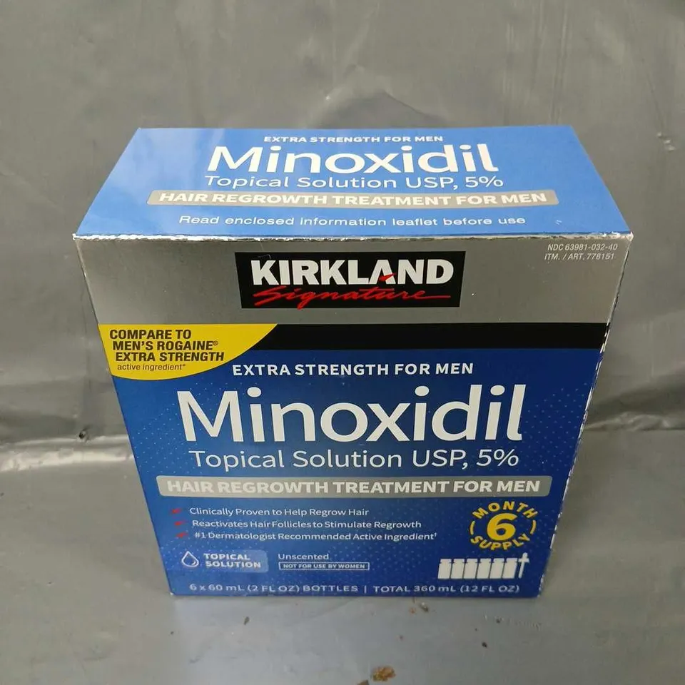 BOXED AND SEALED KIRKLAND SIGNATURE MINOXIDIL TOPICAL SOLUTION USP, 5% EXTRA STRENGTH (6X60ML IN BOX)