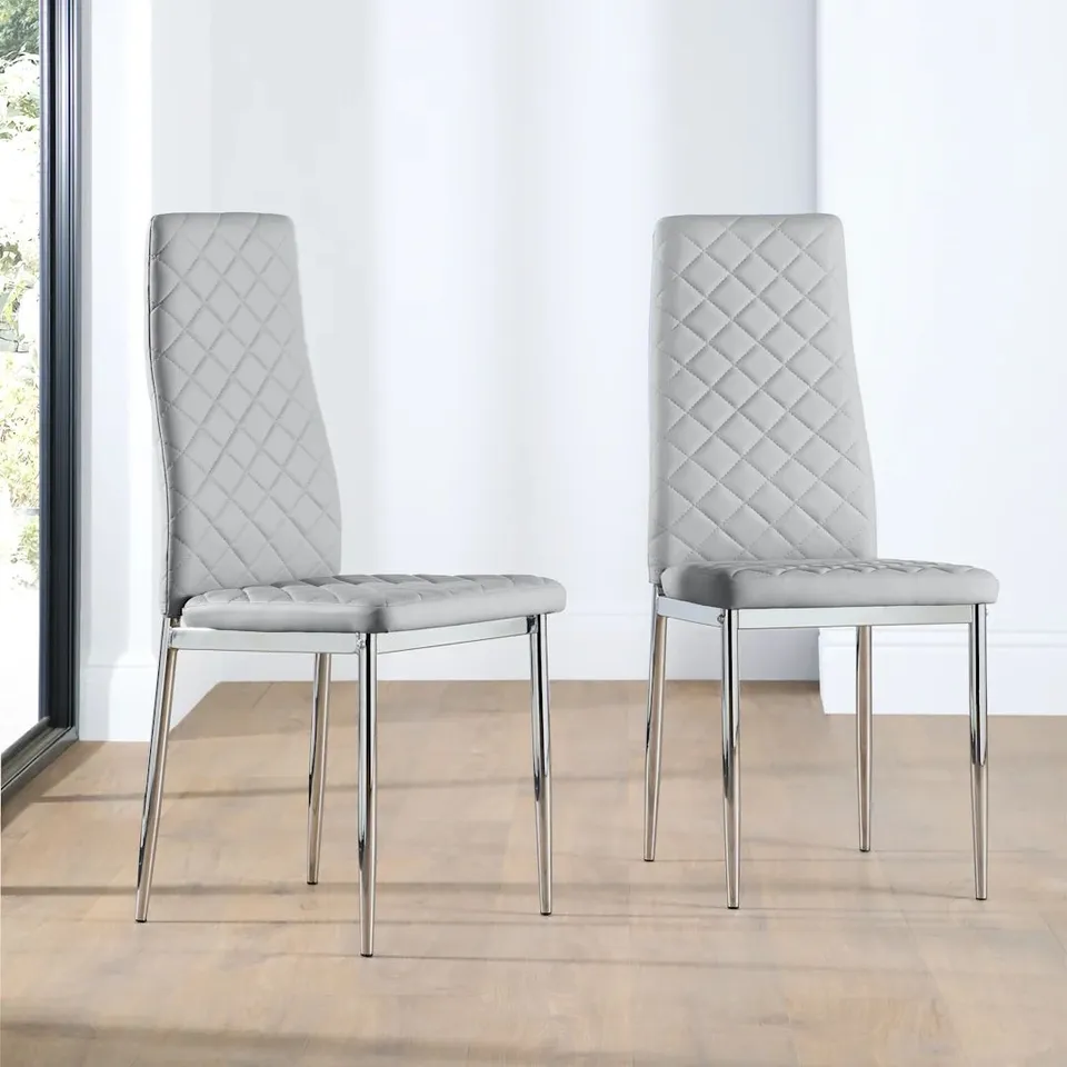 BOXED RENZO DINING CHAIR, LIGHT GREY CLASSIC FAUX LEATHER & CHROME (1 BOX)