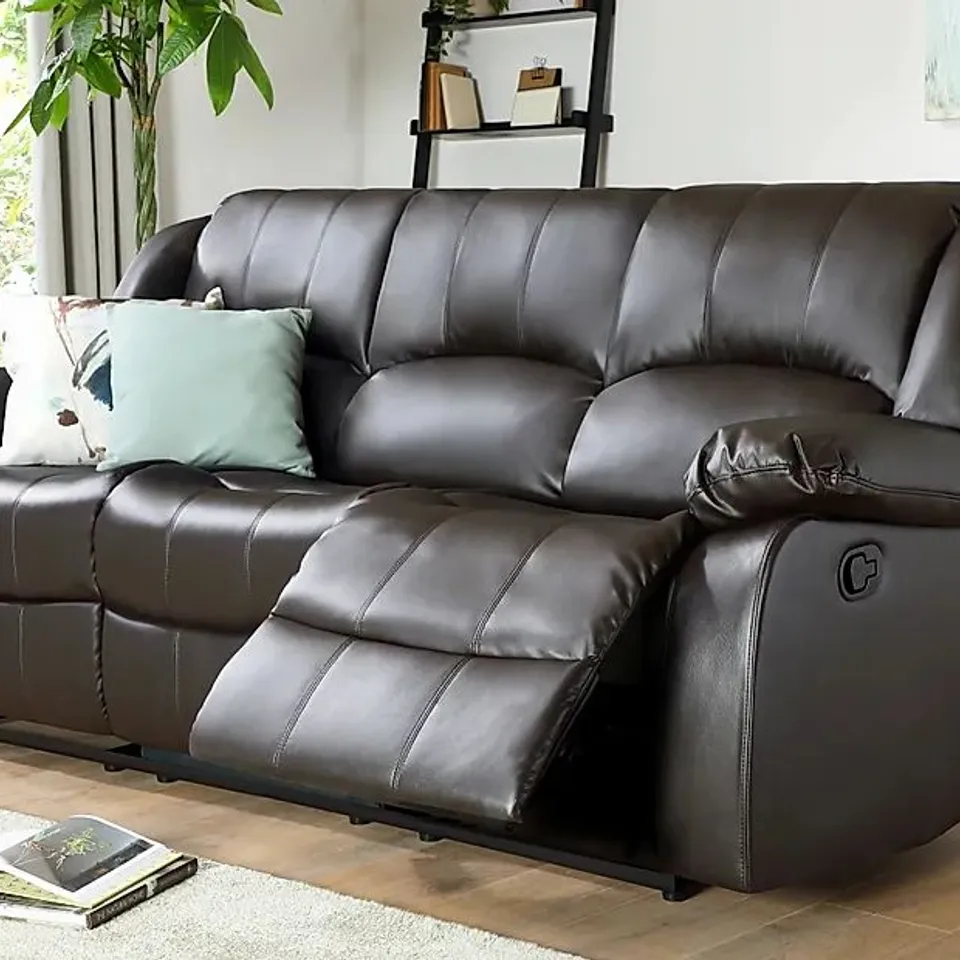 BOXED DAKOTA BROWN LEATHER MANUAL RECLINER THREE SEATER SOFA 