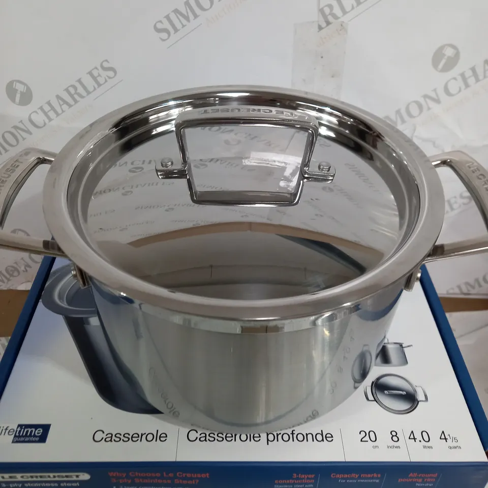 BOXED LE CREUSET 3-PLY STAINLESS STEEL CASSEROLE POT 