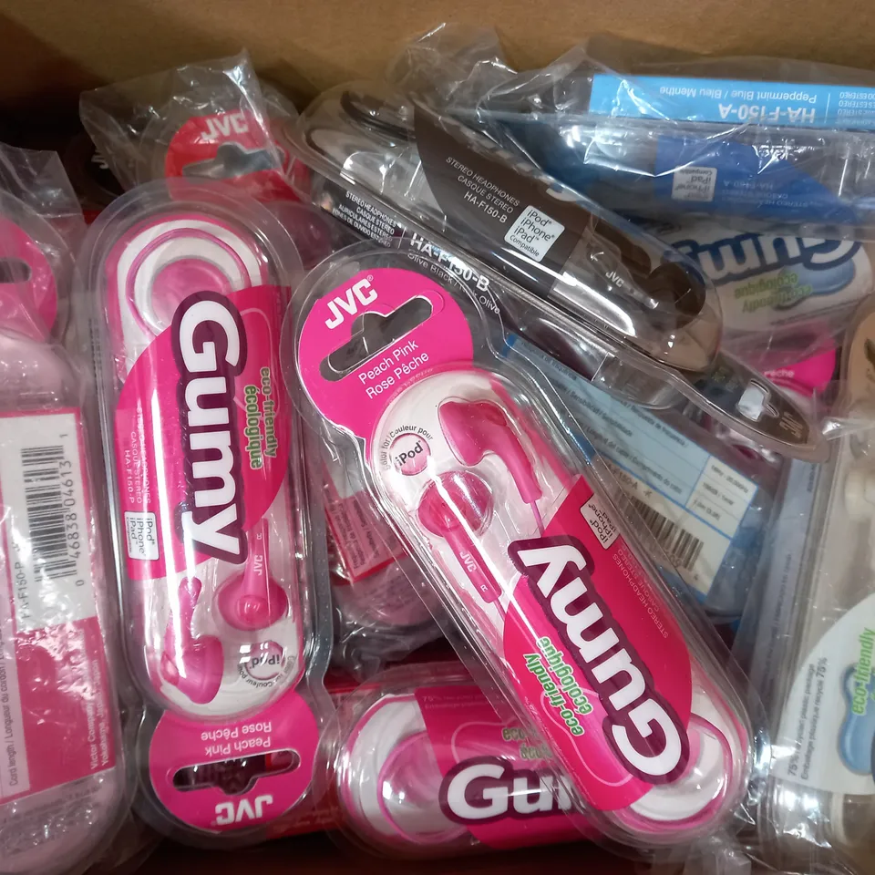 BOX OF APPROXIMATELY 20 ASSORTED JVC GUMY STEREO HEADPHONES IN VARIOUS COLOURS
