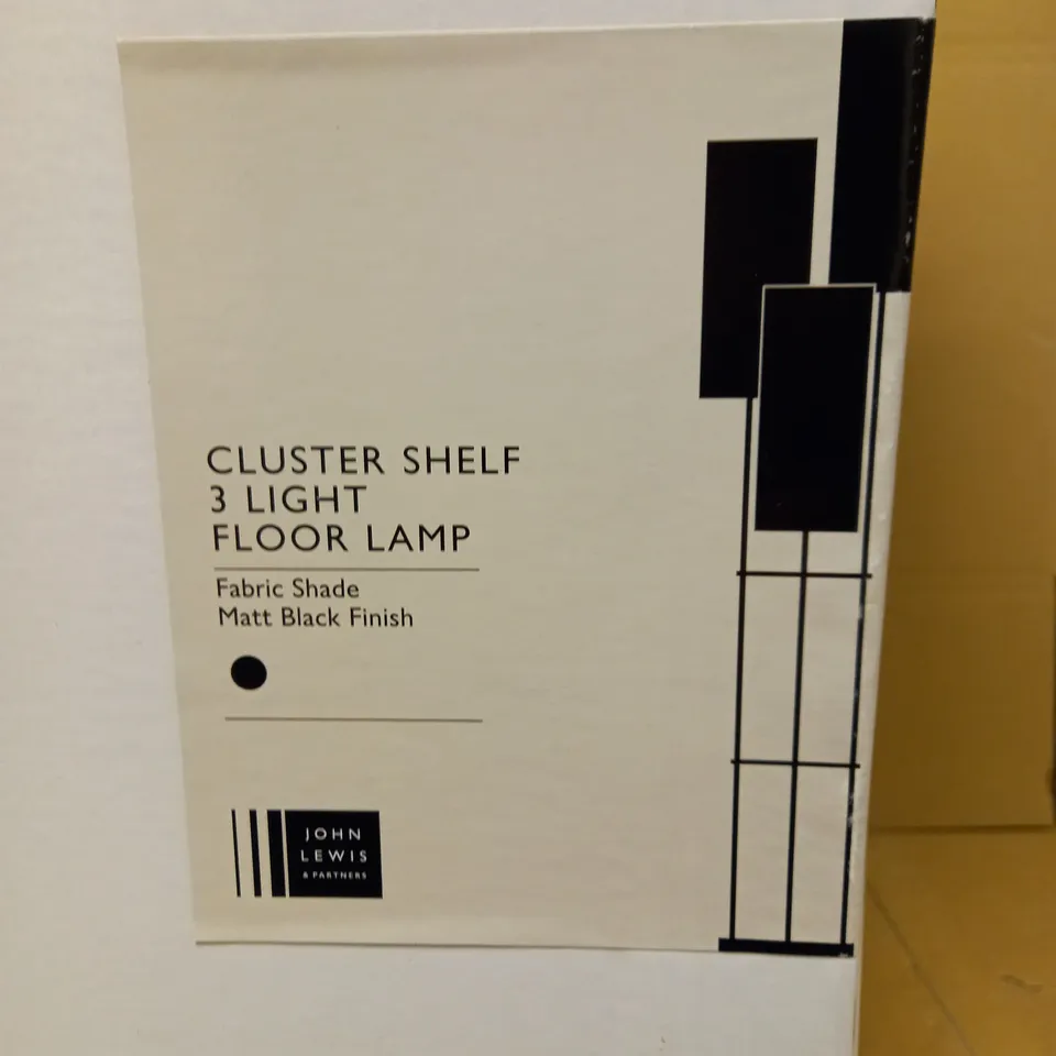JOHN LEWIS CLUSTER SHELF 3-LIGHT FLOOR LAMP, FABRIC SHADE, MATT BLACK FINISH