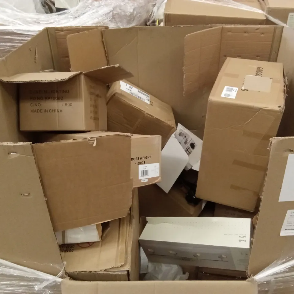 PALLET TO CONTAIN APPROXIMATELY 20  DESIGNER INDOOR LIGHTING PRODUCTS TO INCLUDE; CEILING LIGHTS, LIGHT SHADES ETC