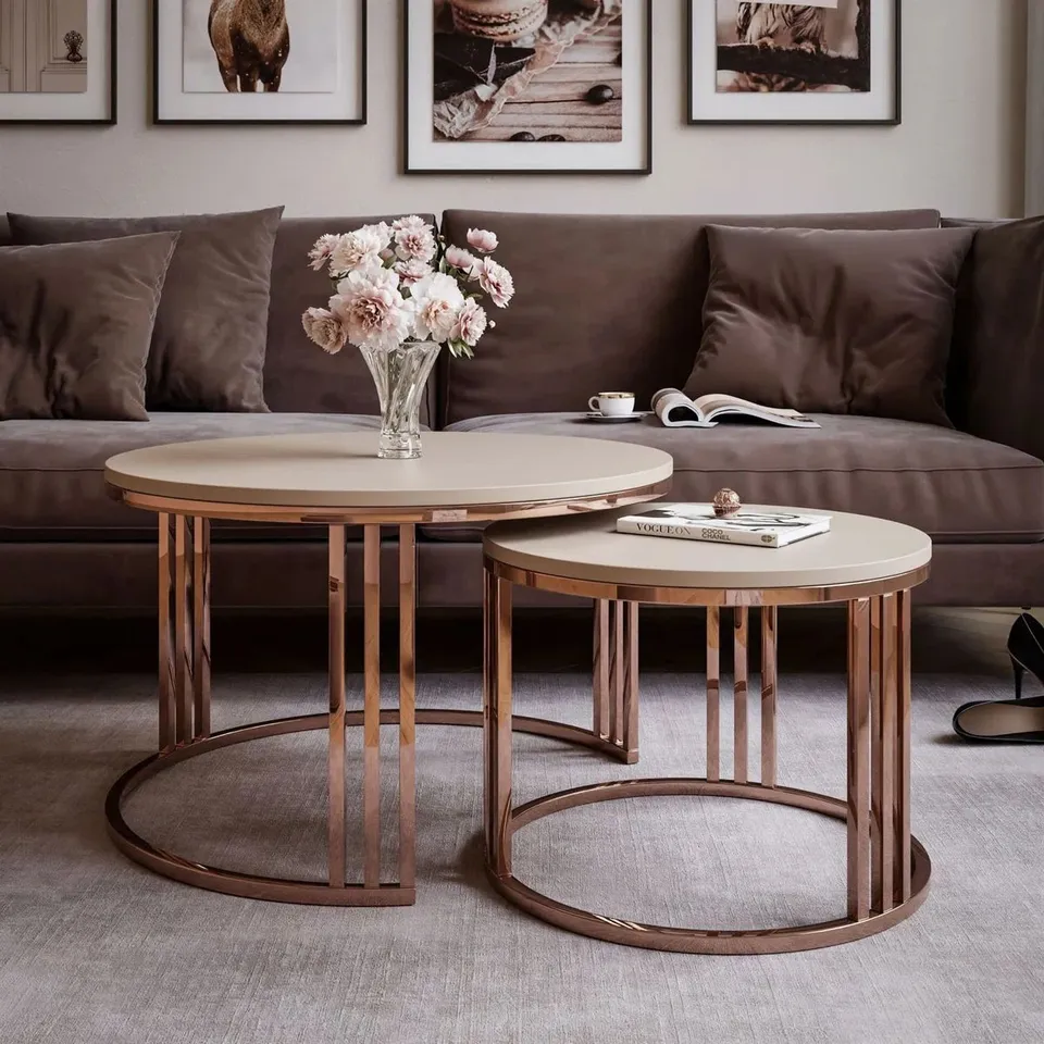 BOXED LORI ROUND COFFEE TABLE MATTE TOP WITH COPPER FRAME