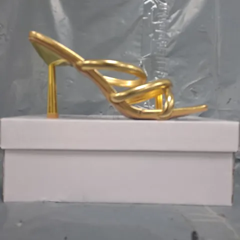 BOXED PAIR OF UNBRANDED OPEN TOE STILETTO HEEL SANDALS IN METALLIC GOLD SIZE EU 41