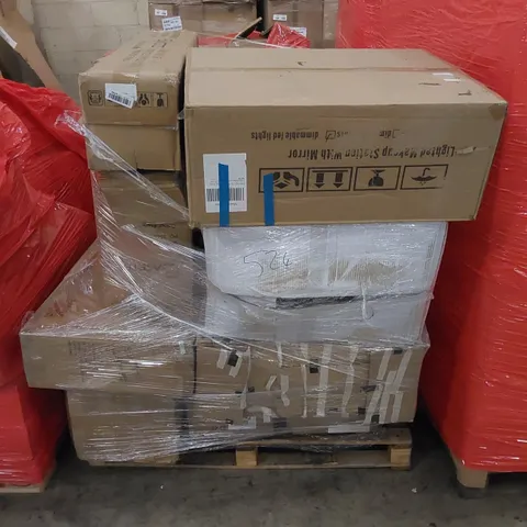 PALLET CONTAINING ASSORTED HOUSEHOLD PRODUCTS. INCLUDES POP-UP GAZEBO, OFFICE CHAIR, FIREPLACE HEATER, MAKEUP STATION WITH MIRROR ETC