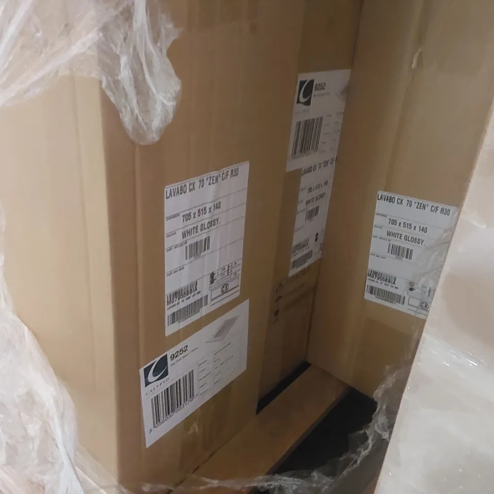 PALLET CONTAINING VERY LARGE QUANTITY OF CALYPSO BASINS AND OTHER ASSORTED BATHROOM FURNITURE PARTS