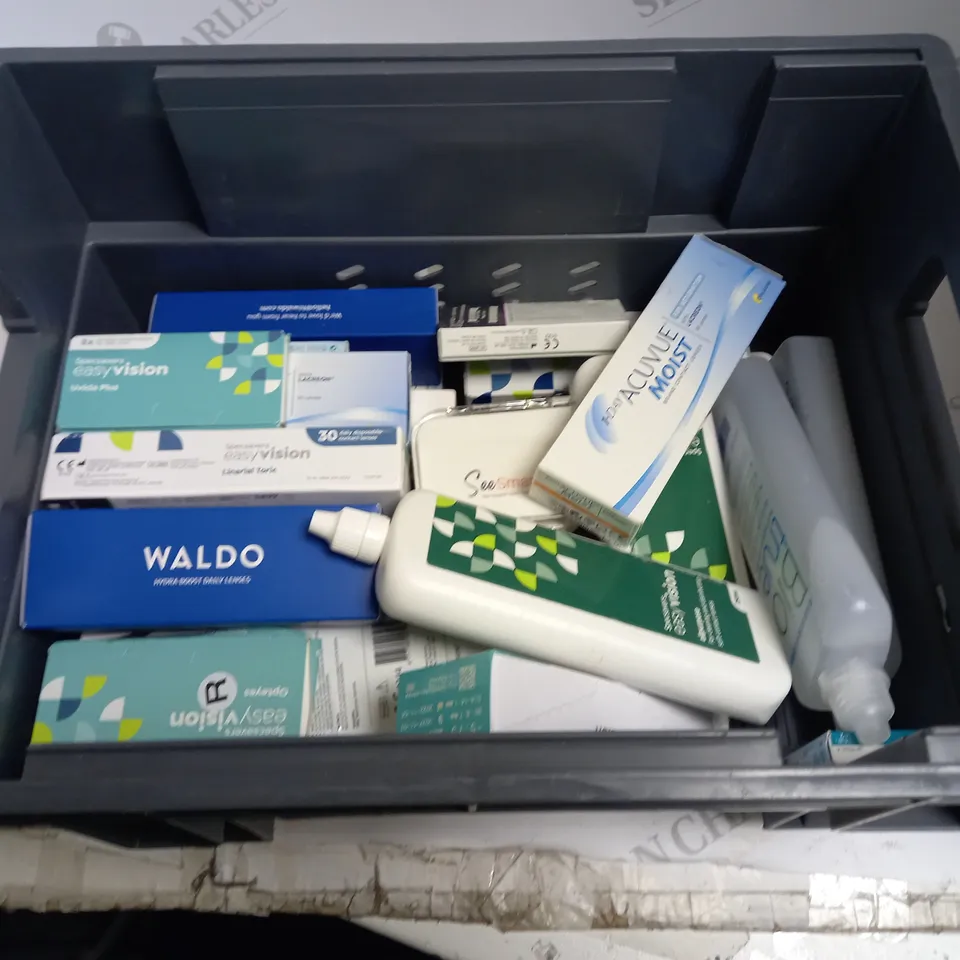 BOXED LOT TO CONTAIN APPROX. 30 X ASSORTED VISION CARE PRODUCTS. INCLUDES PACKS OF CONTACT LENSES & CONTACT LENSE CLEANING SOLUTION. BRANDS VARY