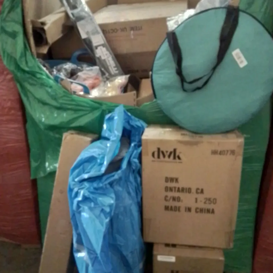 PALLET CONTAINING VARIOUS ASSORTED BOXED HOUSEHOLD ITEMS TO INCLUDE:WATER FILTER, BABY CRIB, WOMEN'S CLOTHES, OFFICE CHAIRS AND LOTS MORE UNMARKED BOXED ITEMS 
