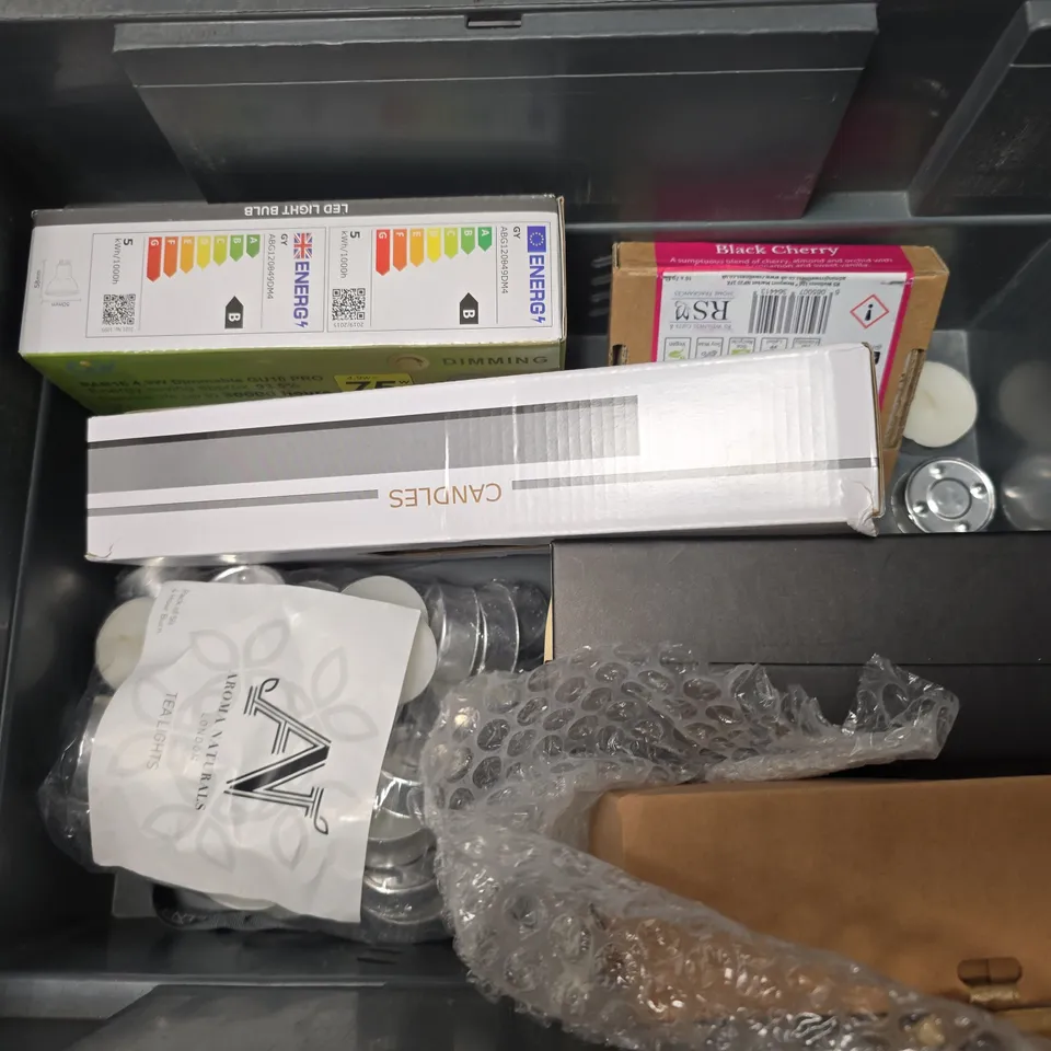 APPROXIMATELY 6 ASSORTED HOUSEHOLD ITEMS TO INCLUDE TEALIGHTS, BULBS, WAX MELTS, ETC - COLLECTION ONLY