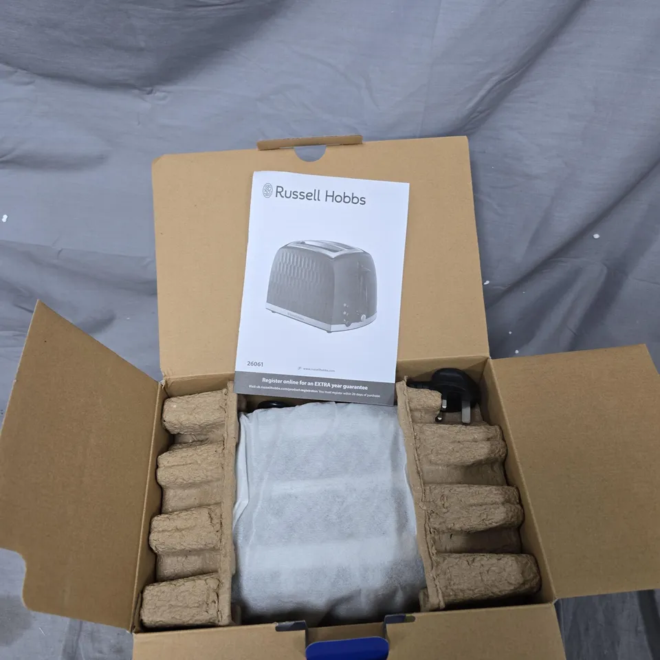 RUSSELL HOBBS 2-SLICE TOASTER – GREY TEXTURED HONEYCOMB DESIGN (BOXED, WITH MANUAL)