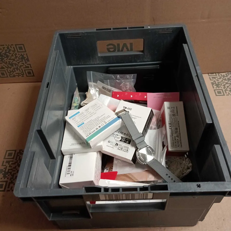 TOTE OF APPROXIMATELY 16 ASSORTED HOUSEHOLD ITEMS TO INCLUDE WIRELESS MOUSE, WATCH, PORTABLE SSD, VODAFONE USB CONNECT, CAMERA BATTERY CHARGER ETC