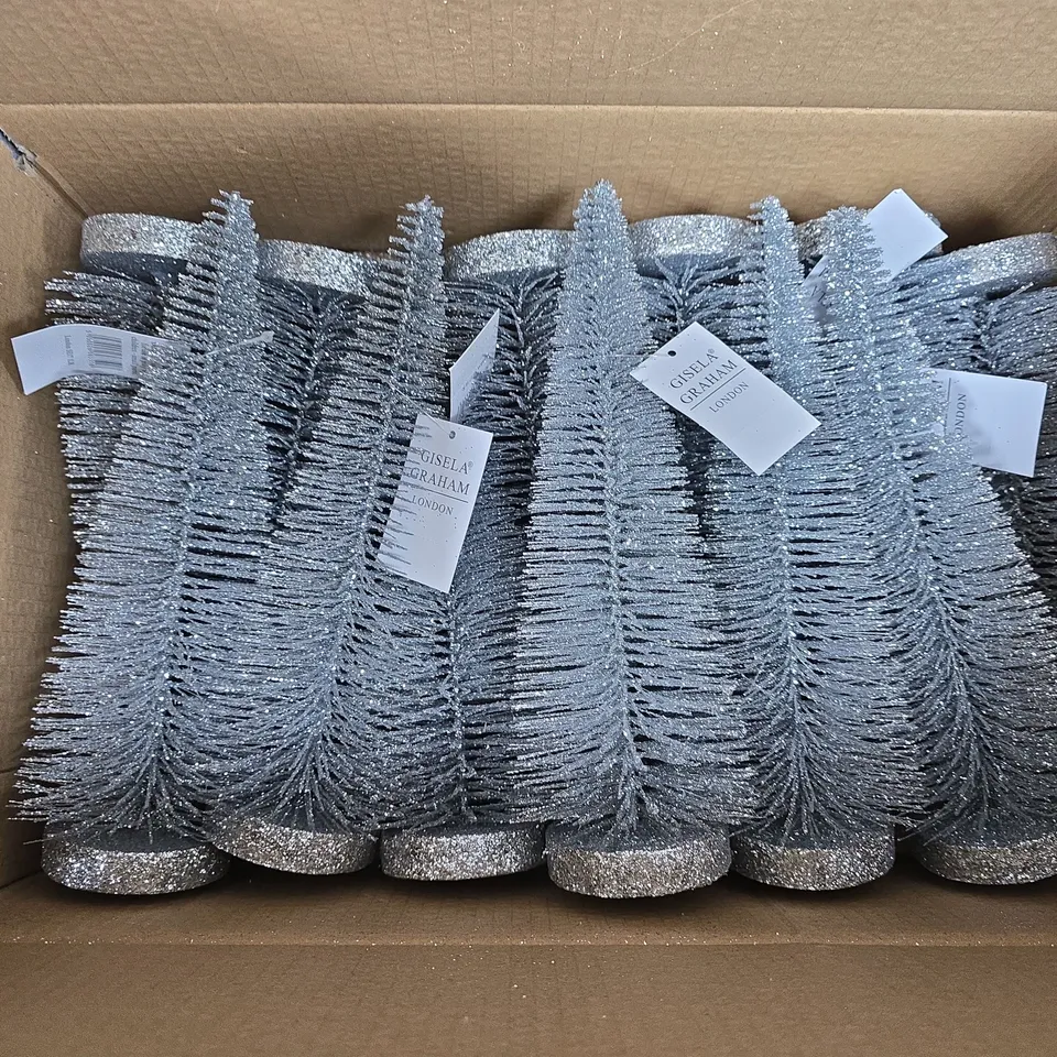 GISELA GRAHAM LONDON SILVER GLITTER CHRISTMAS TREES DECORATION - BOX OF APPROXIMATELY 10PCS 