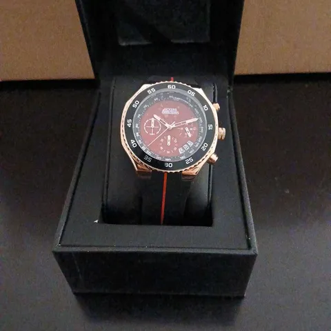 VICKERS ARMSTRONGS CHRONOGRAPH WATCH – BLACK BEZEL, RED DIAL, RUBBER STRAP 