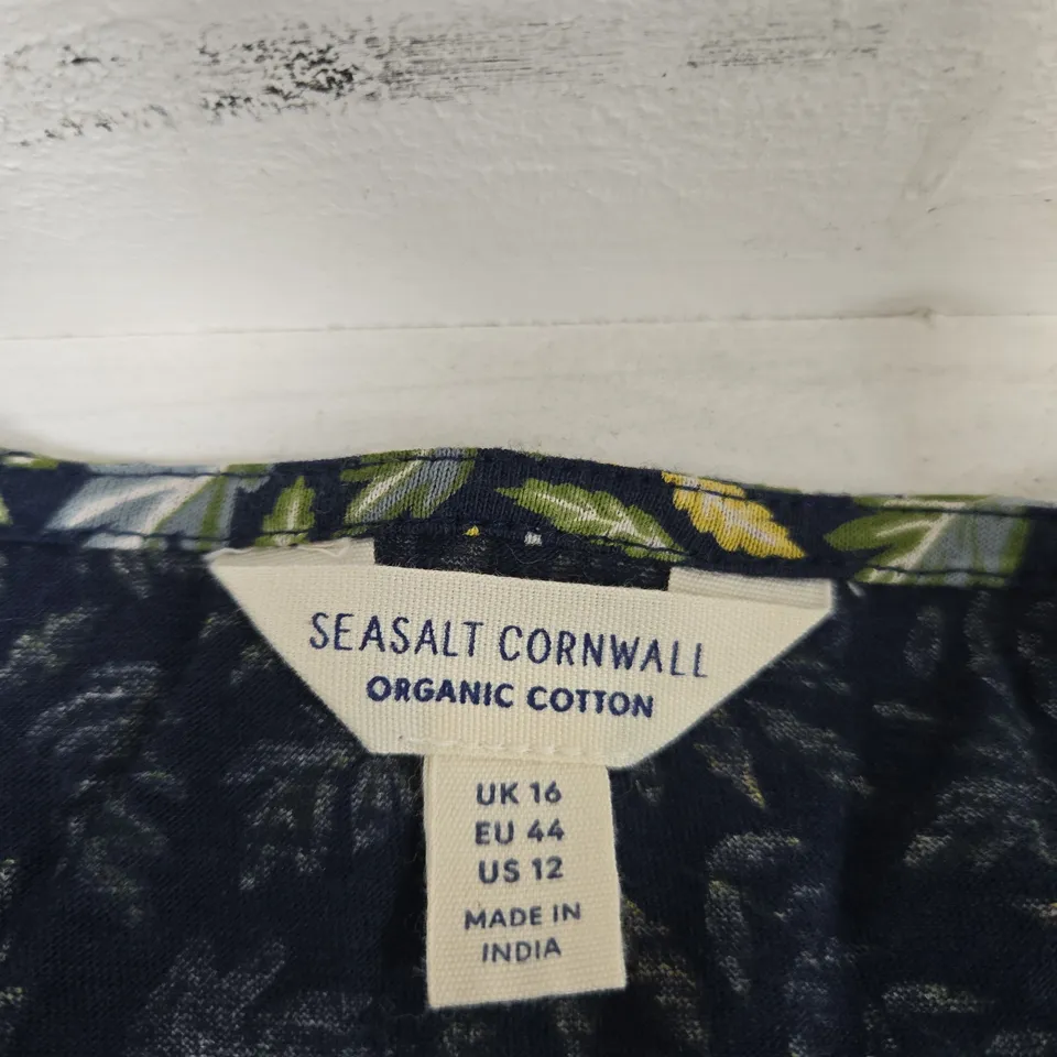 SEASALT CORNWALL WOMEN'S ORGANIC COTTON DRESS – NAVY LEAF PRINT, UK 16