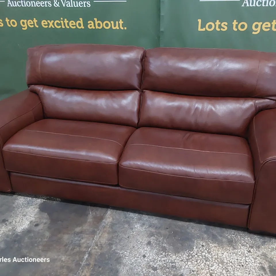 QUALITY ITALIAN DESIGNER PRATO THREE SEATER SOFA CHESTNUT LEATHER