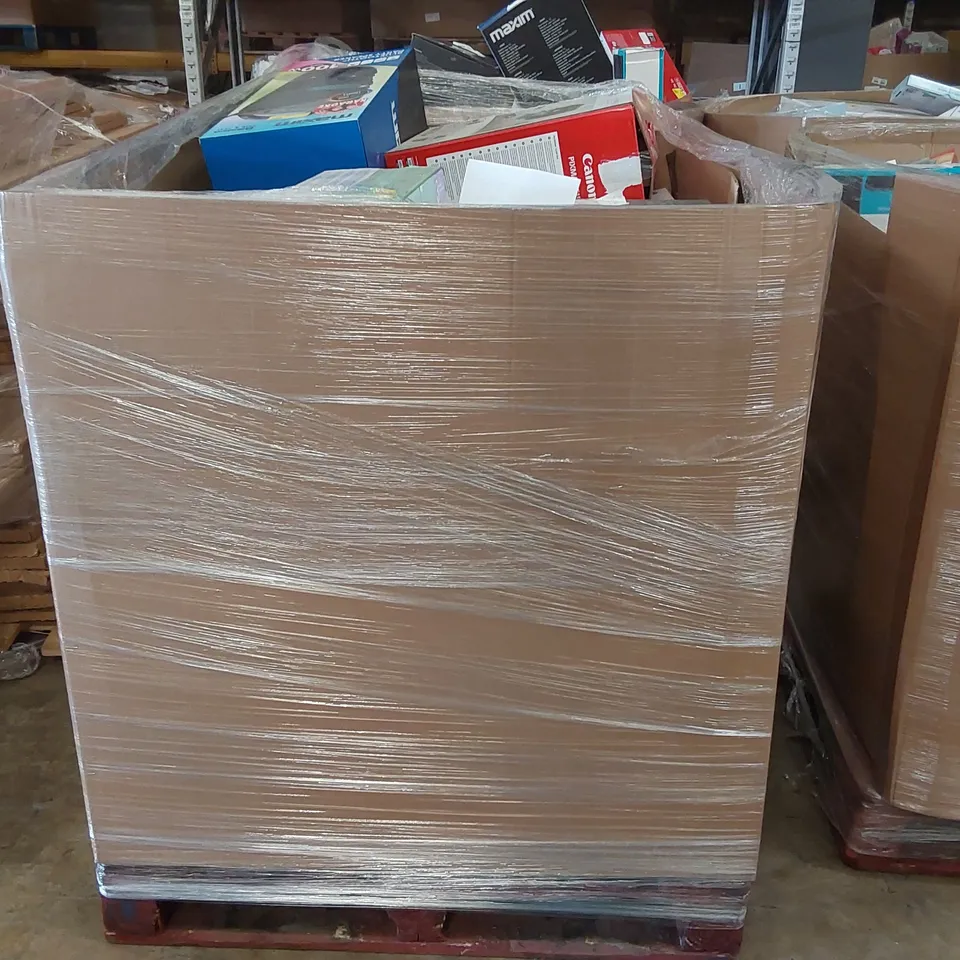 PALLET CONTAINING VARIOUS ASSORTED BOXED ELECTRONIC ITEMS TO INCLUDE: SEVERAL PRINTERS, KEYBOARDS, SECURITY CAMERA, SPEAKERS ETC