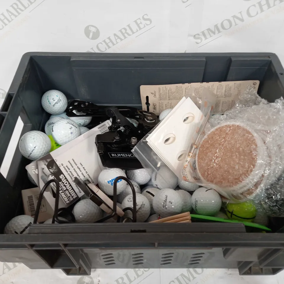 BOX TO CONTAIN APPROX 40 ASSORTED GOLD BALLS. BOX ALSO INCLUDES OTHER ITEMS INCLUDING PINS & WATERCOLOUR PENCILS ETC 