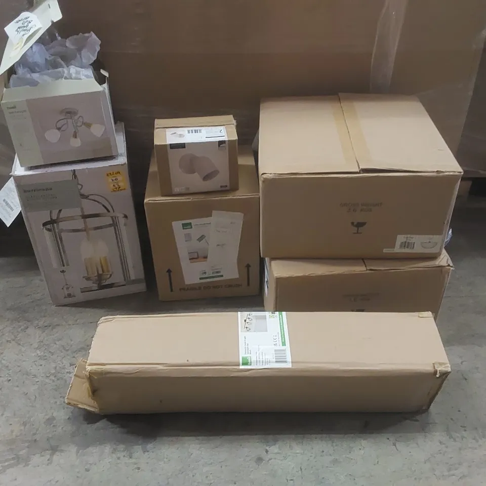PALLET TO CONTAIN A VERY LARGE QUANTITY OF DESIGNER INDOOR LIGHTING PRODUCTS TO INCLUDE: CEILING LIGHTS, DESK LAMP, WALL LIGHT ECT