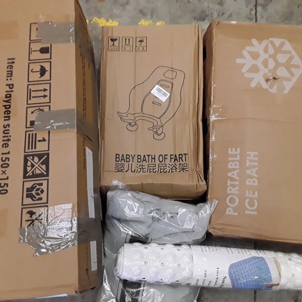 PALLET OF ASSORTED HOUSEHOLD ITEMS TO INCLUDE PORTABLE ICE BATH, MOSQUITO NET AND OFFICE CHAIR