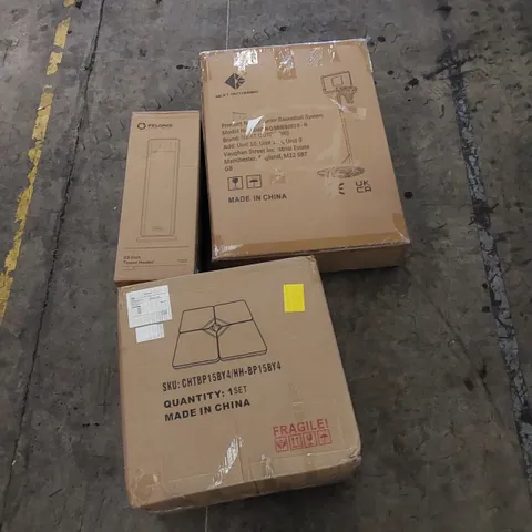 PALLET OF ASSORTED HOUSEHOLD ITEMS AND CONSUMER PRODUCTS. INCLUDES TOWER HEATER, JUNIOR BASKETBALL SYSTEM, PARASOL BASE, TOILET SEAT ETC 