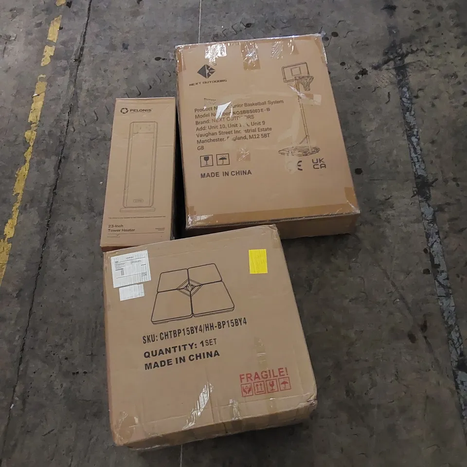 PALLET OF ASSORTED HOUSEHOLD ITEMS AND CONSUMER PRODUCTS. INCLUDES TOWER HEATER, JUNIOR BASKETBALL SYSTEM, PARASOL BASE, TOILET SEAT ETC 