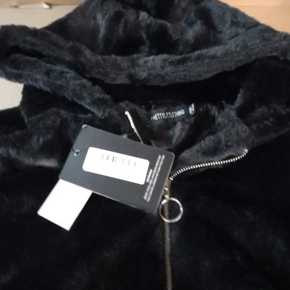 PRETTYLITTLETHING BLACK FAUX FUR HOODED BALLOON SLEEVED JACKET - UK 10