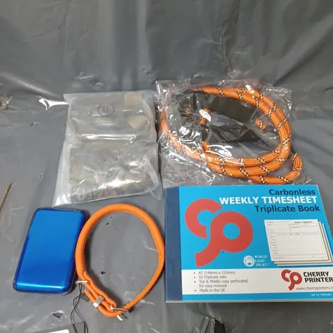 BOX OF APPROXIMATELY 20 ASSORTED HOUSEHOLD ITEMS TO INCLUDE DOG LEADS AND COLLARS, CREDIT CARD HOLDER ANF TRIPLICATE BOOK