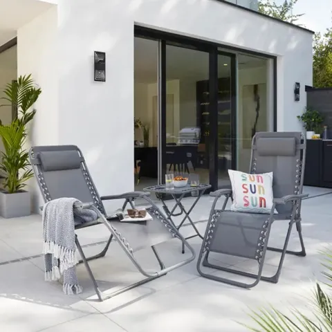 BOXED HELSINKI SET OF 2 RECLINING SUN LOUNGER CHAIRS WITH TABLE (1 BOX)