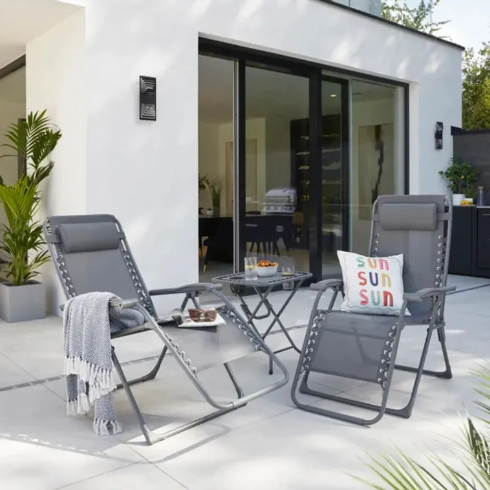 BOXED HELSINKI SET OF 2 RECLINING SUN LOUNGER CHAIRS WITH TABLE (1 BOX)