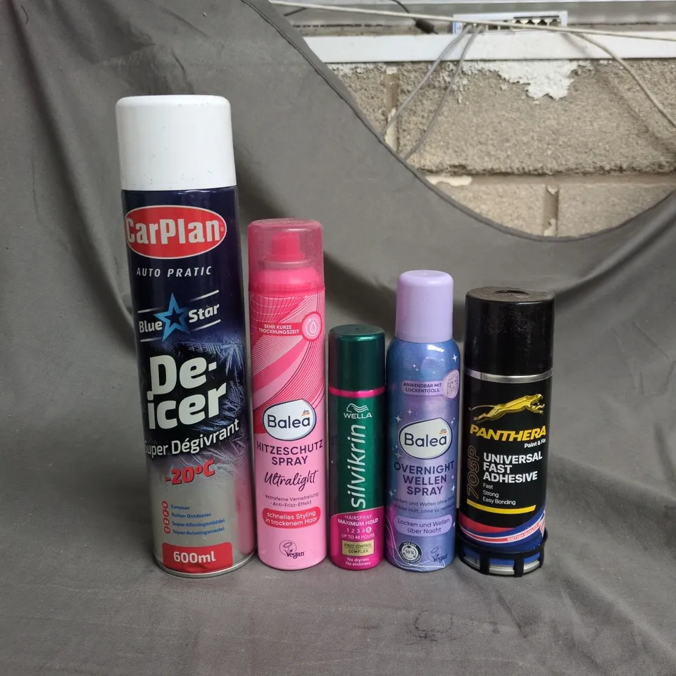 APPROXIMATELY 15 ASSORTED AEROSOLS TO INCLUDE CARPLAN DE-ICER, SILVIKRIN HAIRSPRAY AND PANTHERA UNIVERSAL FAST ADHESIVE