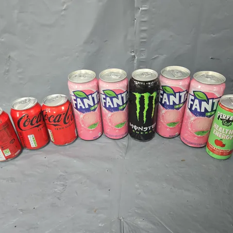 APPROXIMATELY 10 ASSORTED DRINK ITEMS TO INCLUDE - FANTA, COCA COLA, AND MONSTER ETC.