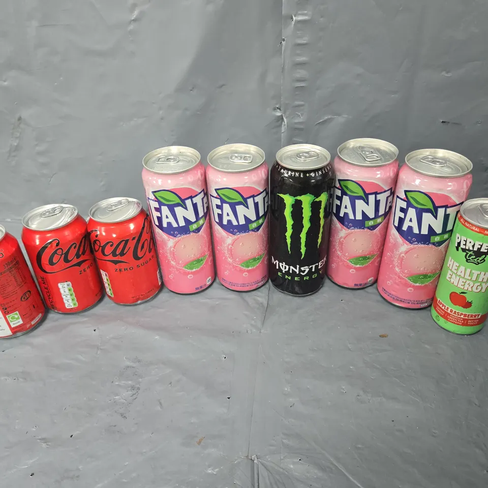 APPROXIMATELY 10 ASSORTED DRINK ITEMS TO INCLUDE - FANTA, COCA COLA, AND MONSTER ETC.