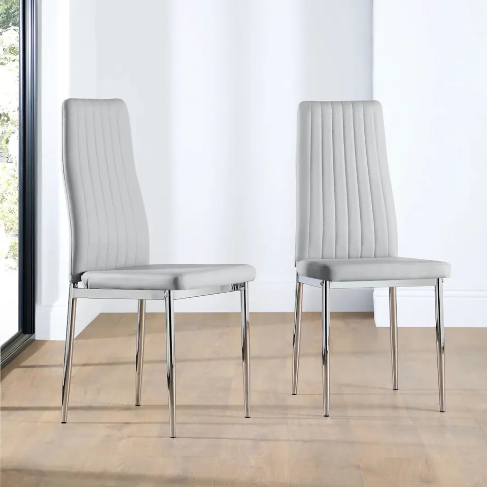 BOXED LEON DINING CHAIR, LIGHT GREY CLASSIC FAUX LEATHER & CHROME