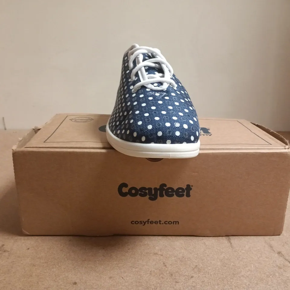 BOXED PAIR OF COSYFEET NAVY POLKA DOT SHOES SIZE UK 7