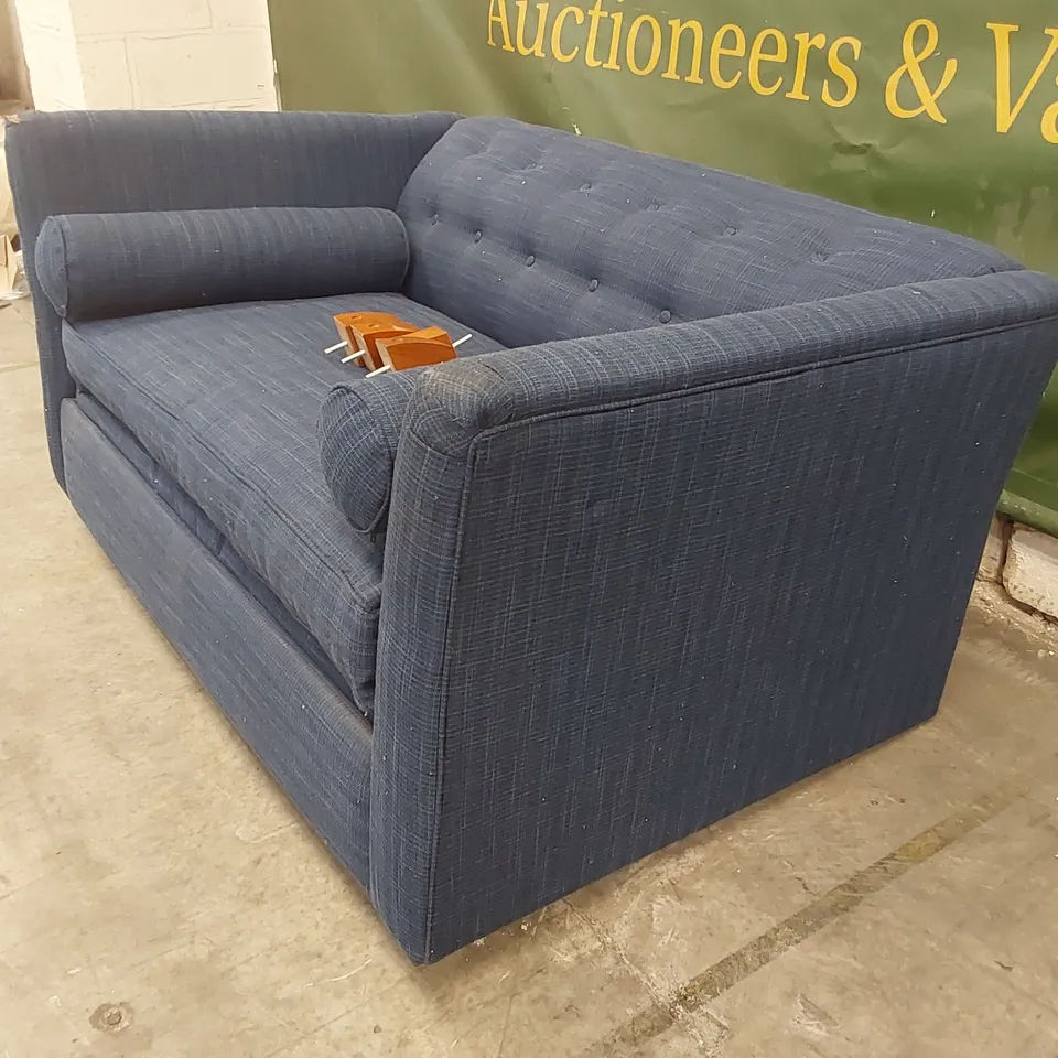 QUALITY DESIGNER 2 SEATER FABRIC UPHOLSTERED BLUE SOFA BED