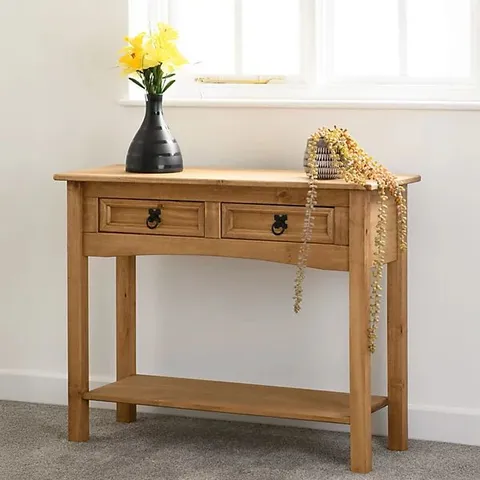 BOXED CORONA DISTRESSED WAXED PINE 2 DRAWER CONSOLE TABLE (1 BOX)