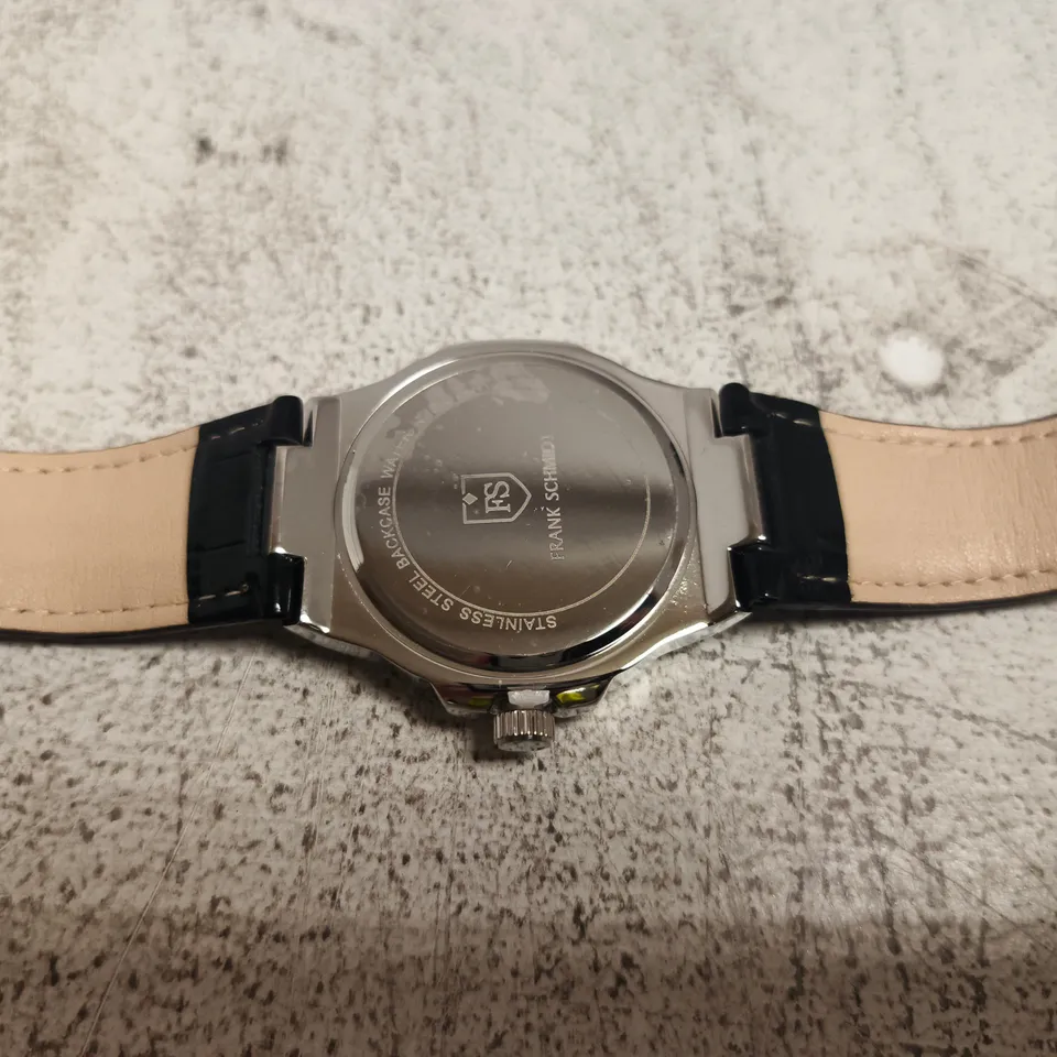 FRANK SCHMIDT GREEN DIAL WRISTWATCH – STAINLESS STEEL CUSHION CASE, LEATHER STRAP