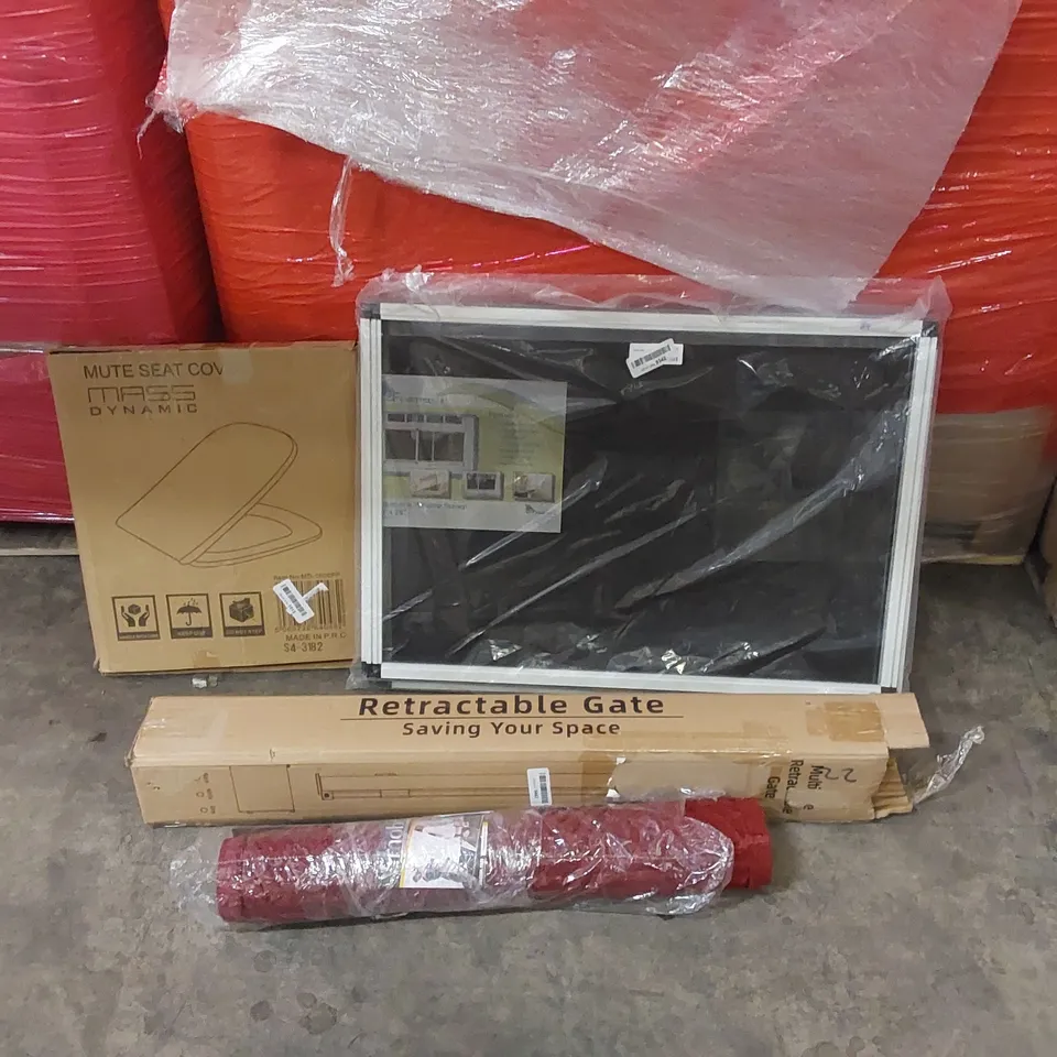 PALLET CONTAINING ASSORTED CONSUMER PRODUCTS TO INCLUDE: RETRACTABLE SAFETY GATE, WALL ART, DOOR MAT, ADJUSTABLE WINDOW SCREEN, TOILET SEAT ECT