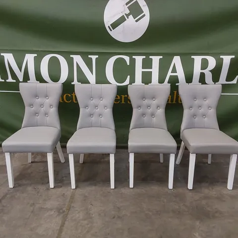 SET OF 4 BEWLEY LIGHT GREY LEATHER BUTTON BACK DINING CHAIRS WITH WHITE LEGS